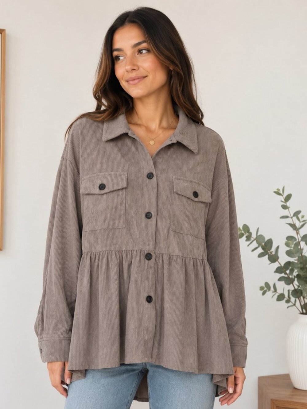 SHEIN Taupe Corduroy Peplum Shacket XL Button Front High Low Jacket